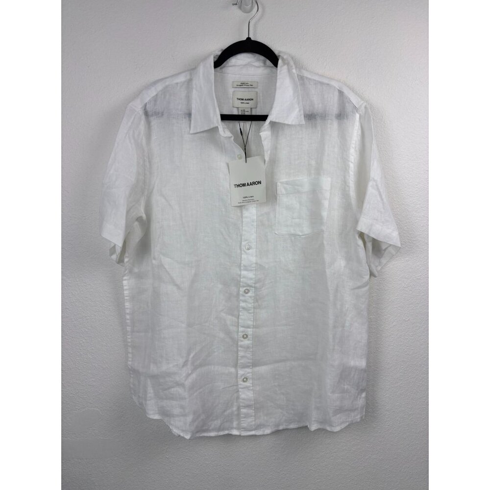 Thom Aaron men's XXL white short sleeve 100% linen casual‎ button down shirt
